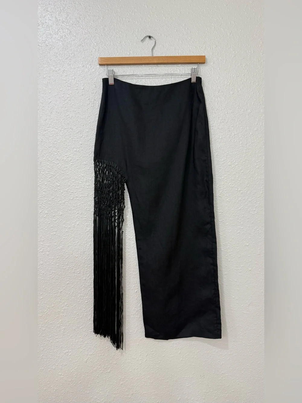ZARA Black High Waist Fringed Linen Midi Skirt Size XS Bloggers Fave Holiday